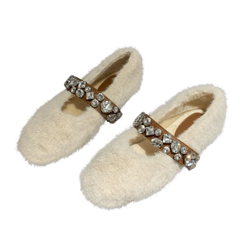 Loafers Bont Casual Vrouw Schoen Ondiepe Mond Ronde Neus Kristal Modis Vrouwelijke Schoeisel Herfst Slip-On Winter Strass Dr