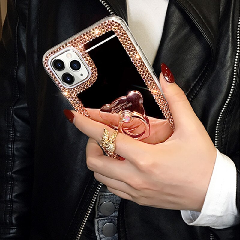 Finger Holder Rhinestone Case For Huawei P50 P50Pro Honor 50 Honor 50 Pro 50 SE Mirror Cases Girly Coque