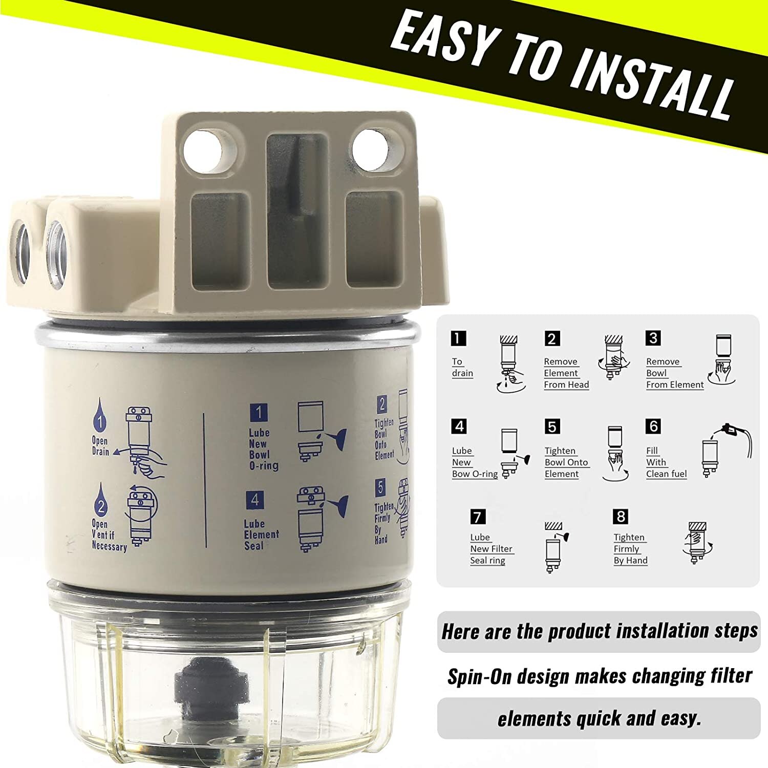 R12T Brandstoffilter Waterafscheider Complete Kit - Marine SPIN-ON R12T Filter Vervangt S3240 120AT NPT ZG1/4-19 Fit 3/8 Inch NPT Ou