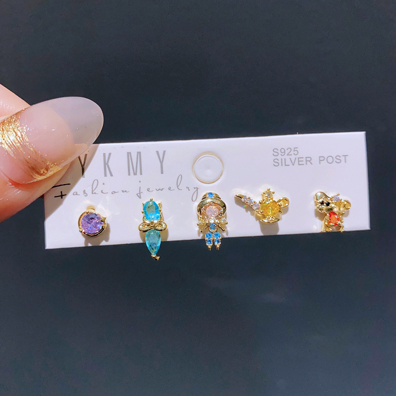 Gemischte 5 teile/satz Bunte Zirkon Kristall Märchen Zucht Ohrringe für Frauen Mädchen Party Schmuck: Blau verzinkt