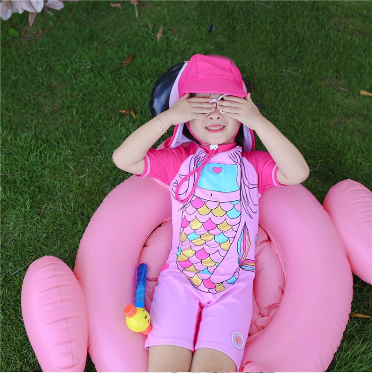 Girls Swimsuits Pink Beautiful Meimaid Swimsuit For 1-10years One-piece Litttle Girls With Hat Lovely Sun Protection