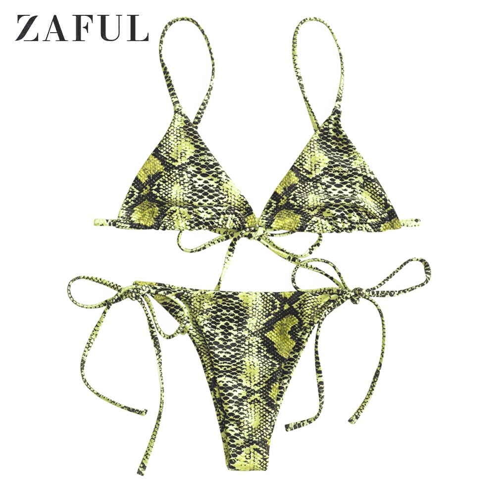 Zaful Snake Print Hoge Been Cami Bikini Badmode Voor Vrouwen Spaghettibandjes String Bikini Sets Lage Waisted Twee Stukken Badpak: Multic / L