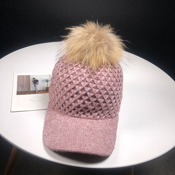 Herfst winter muts effen gebreide baseball pet met fuax bont pompons bal voor dames heren buiten warme gebreide muts baseball petten: Roze