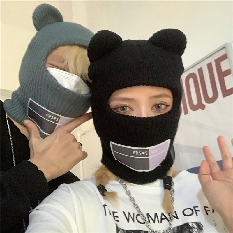 Bear Ear Balaclava Hat with Ear Cute Full Face Cover Ski Mask Beanies for Women 1 Hole Windproof Warm Streetwear Knitted