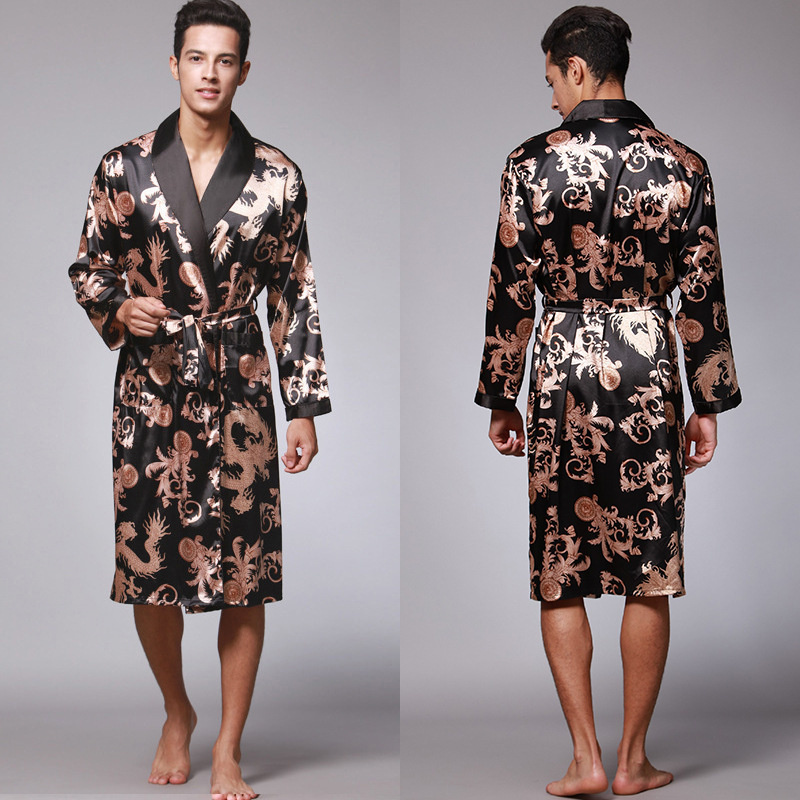 Mannen Zomer Herfst Kimono Badjas Zijde Satijn Gouden Draak Lange Badjas Kamerjas Knielengte Zwarte Nachtkleding: L / Beige