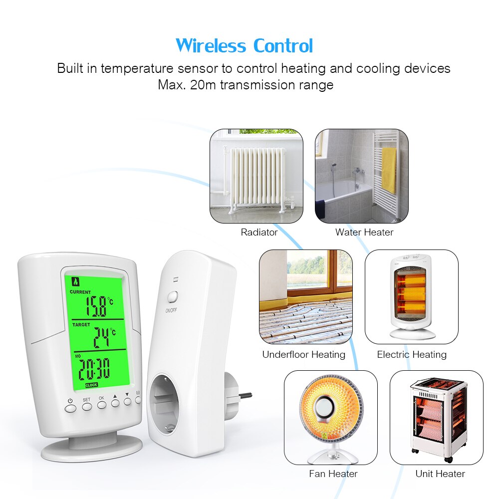 Termostato remoto inalámbrico programable inteligente + enchufe, Programa de refrigeración y calefacción, controlador de temperatura