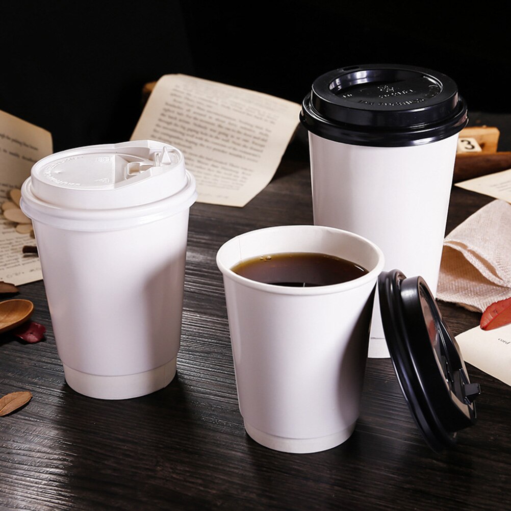 50PCS Disposable Double Walled Coffee Cups with Covers for Coffee Cappuccino Drink Tea