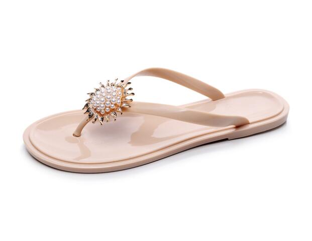 Tongs d'été pour femmes, chaussures en gelée transparentes et claires, pour femmes, chaussures de plage avec fleurs et perles, pantoufles d'extérieur: Nude / 8