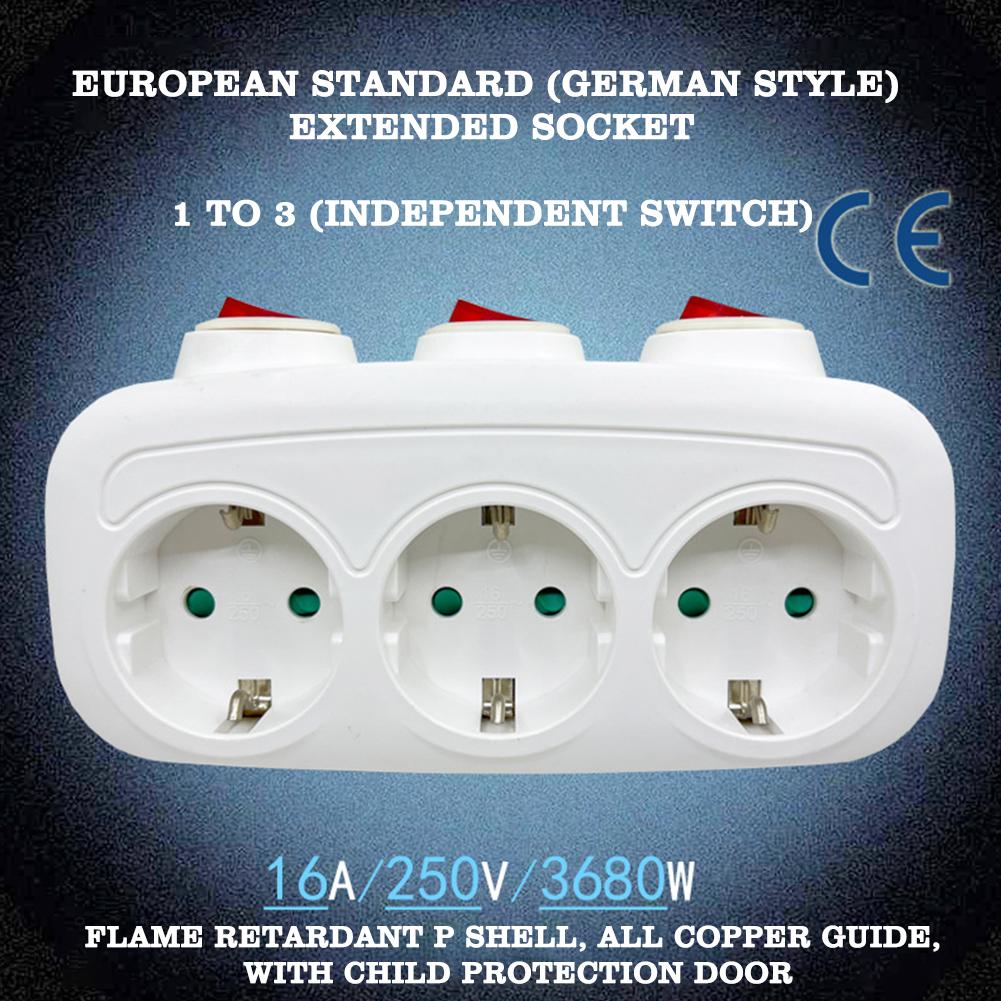 Enchufes eléctricos de la UE con interruptor de encendido/apagado, adaptador de extensión estándar alemán de 1 a 3 vías montado en Euro