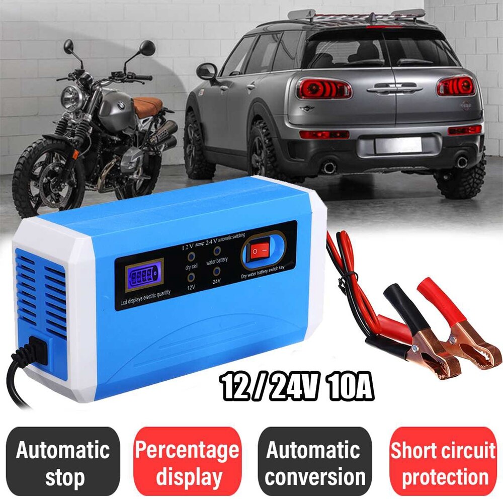 12V/24V 10A LCD Smart Fast Car Battery Charger for Auto Motorcycle Lead-Acid AGM GEL Batteries Intelligent Charging Units