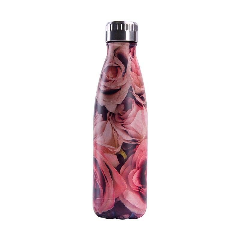 Custom logo kukka vesipullo 500ml ruusu ruostumaton teräs eristetty kylmä kuppi olutta kahvi juomapullo termospullo: Laserkaiverruksella / D