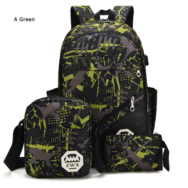 3 pcs /set USB Male backpacks laptop backpack for men shoulder bag student travel bag high school bags For Teenager schooltas: green 2