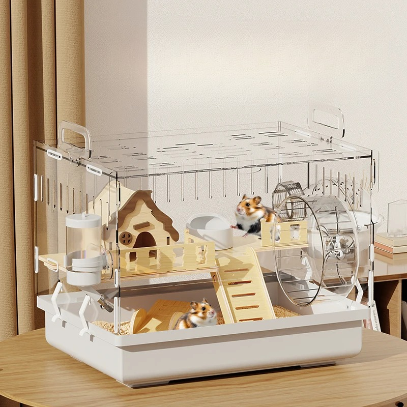 ‌ Jaula para hámster acrílica grande, hábitat de villa de lujo transparente para hámster dorado, casa para animales pequeños de fácil limpieza con accesorios