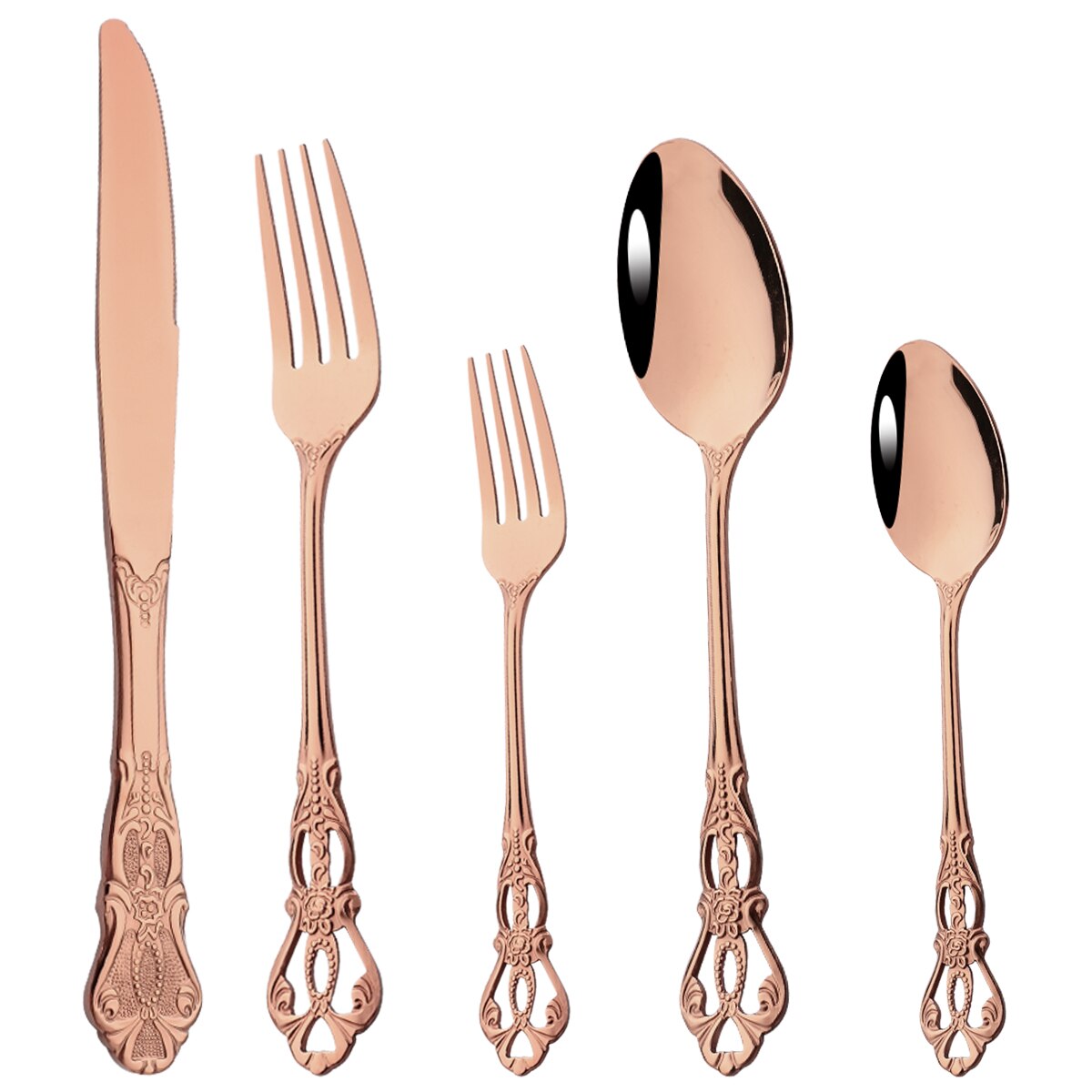 5Pcs Luxury Silver Western Dinnerware Set Stainless Steel Flatware Cutlery Set Home Fork Knife Spoon Tableware Silverware Set: Rose