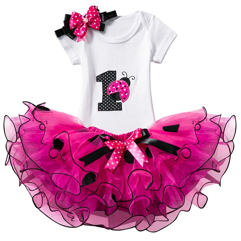 Sommer mariehøne print outfits 3 stk jakkesæt baby piger kjole 1 års fødselsdag tøj polkaprikker spædbørn pige tøj nyfødt kjole: 7