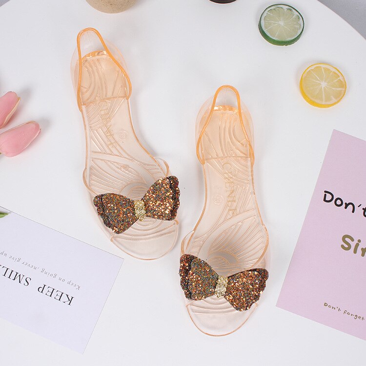 Sandalias de mujer zapatos con los dedos de los pies al aire libre Bling Bow claro transparente playa cómodas sandalias para mujer suave PVC pantuflas de plástico