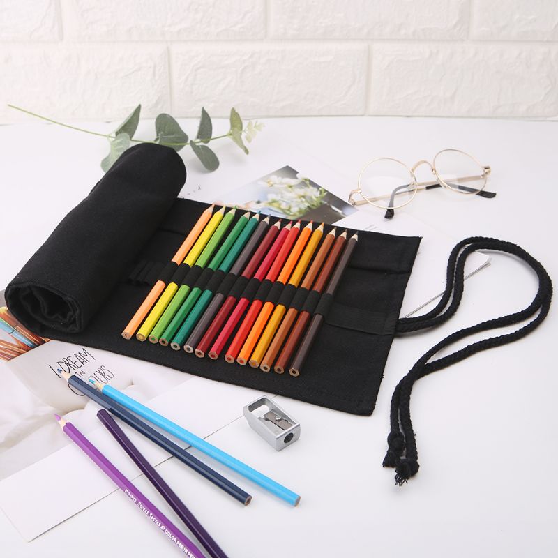 Zwarte Kleur School Etui Roller 12/24/36/48/72 Gaten Canvas Roll Up Make Canvas Pen tas Voor Meisjes Jongens Briefpapier