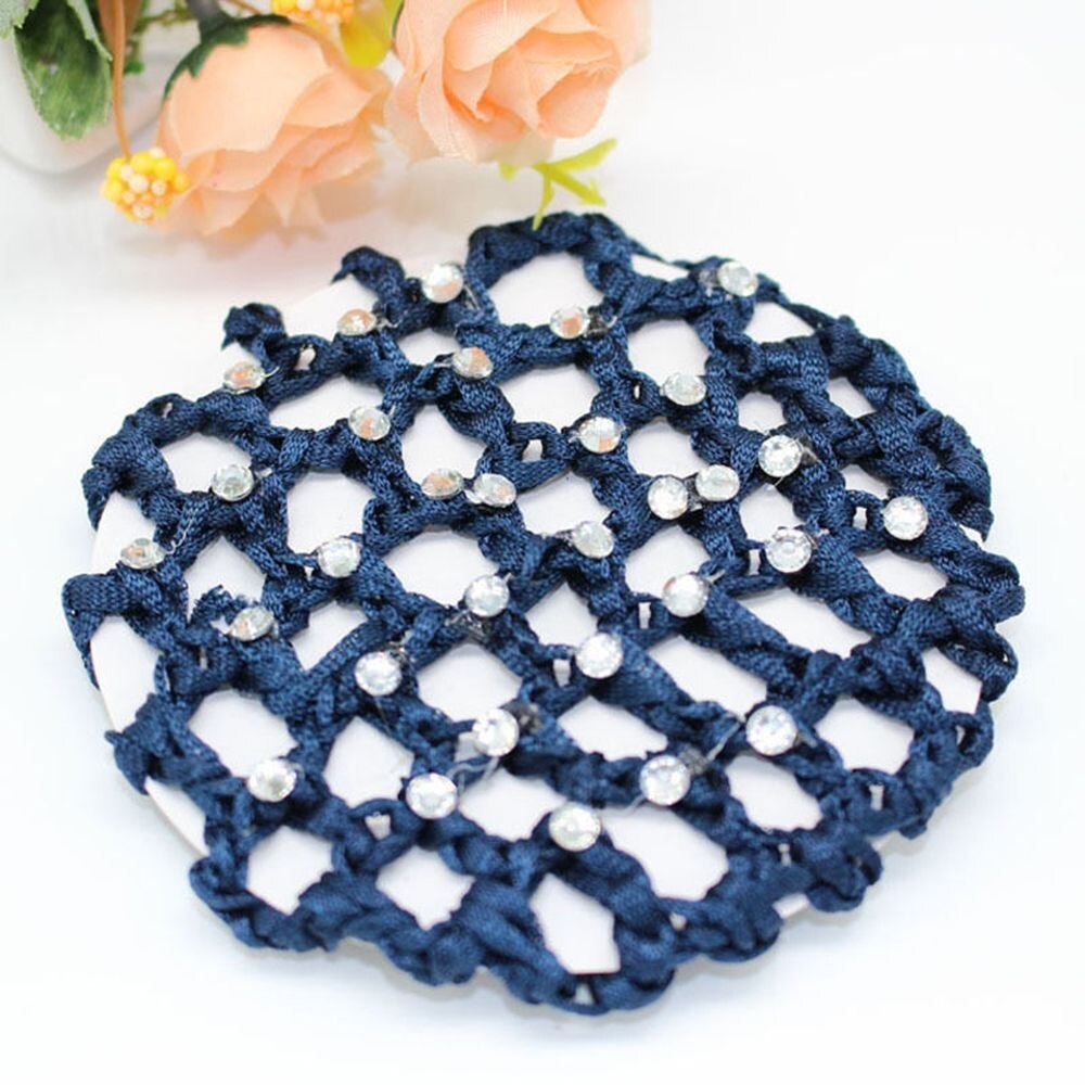 1Pc Hair Accessories Headwear Mesh Women Hair Bun Cover Snood Pearl Ballet Dance Skating Net Skating Crochet for Woman: Navy blue