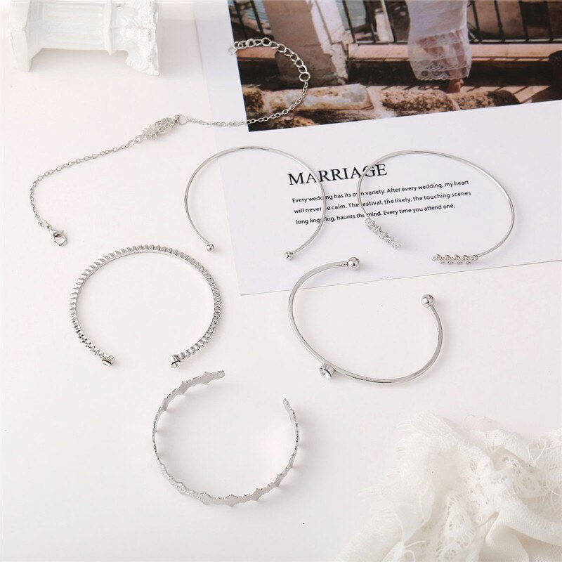 Woozu 6Pcs/set Bohemian Silver Color Pineapple Crystal Opal Open Bracelet Set For Women Punk Boho Beach Bangle Jewelry
