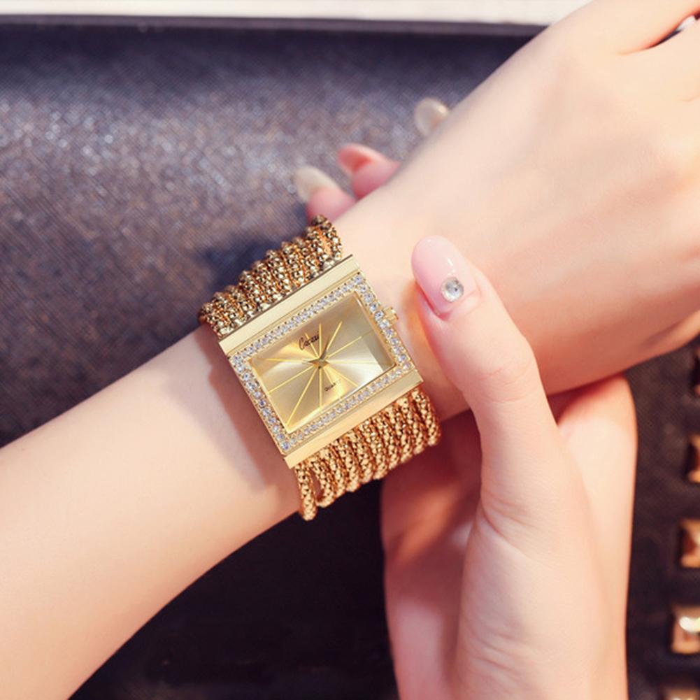 Luxe dameshorloge met strass, vierkante wijzerplaat, geen nummer, legering band, dames quartz armband met kwastjes, polshorloges, relogio feminino