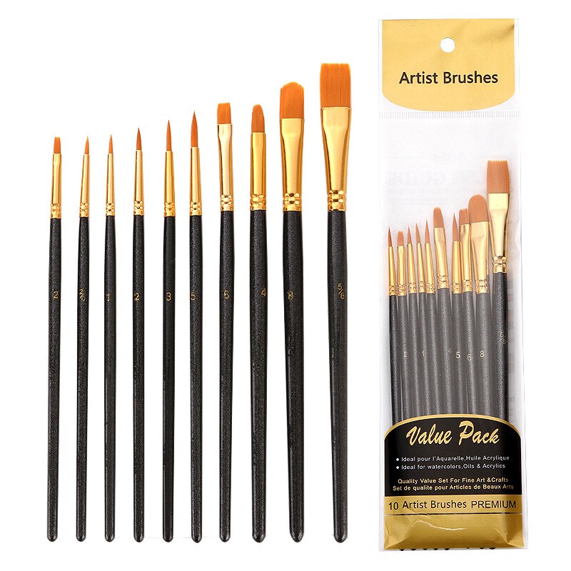 10Pcs/Set Nylon Watercolor Paint Brush Different Shape Acrylic Wooden Handle Point Tip Art Painting Brushes Stationery Supplies: Black
