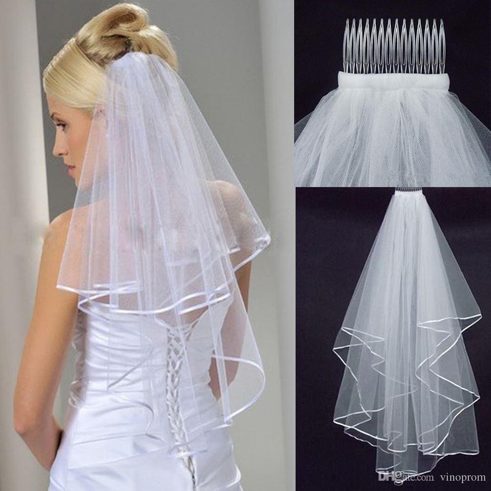 Einfache und Elegent Hochzeit Schleier Braut Tüll Schleier mit Kamm und Spitze Band-Rand Weiß Elfenbein