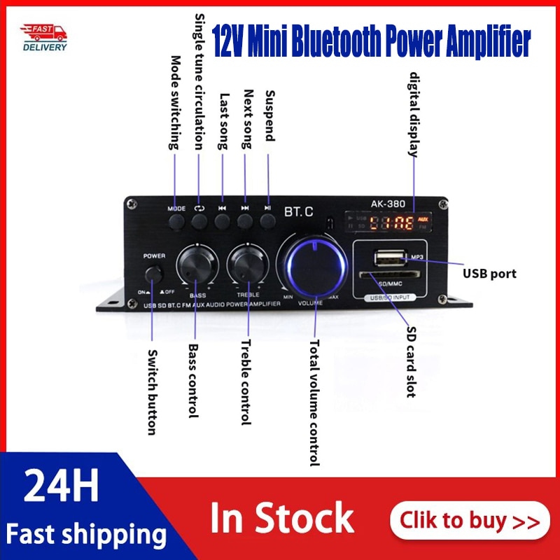 AK380 12V Mini Hifi Versterker Bluetooth Digitale Audio Stereo Audio Versterker Ondersteunt Fm Stereo Radio Sd-kaart U disk MP3