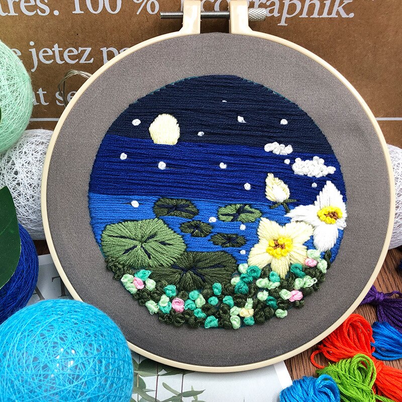 Kit de bordado de luciérnaga nocturna y estrellas, costura artesanal, piscina de loto, punto de cruz para principiantes, Artcraft (con ARO): C