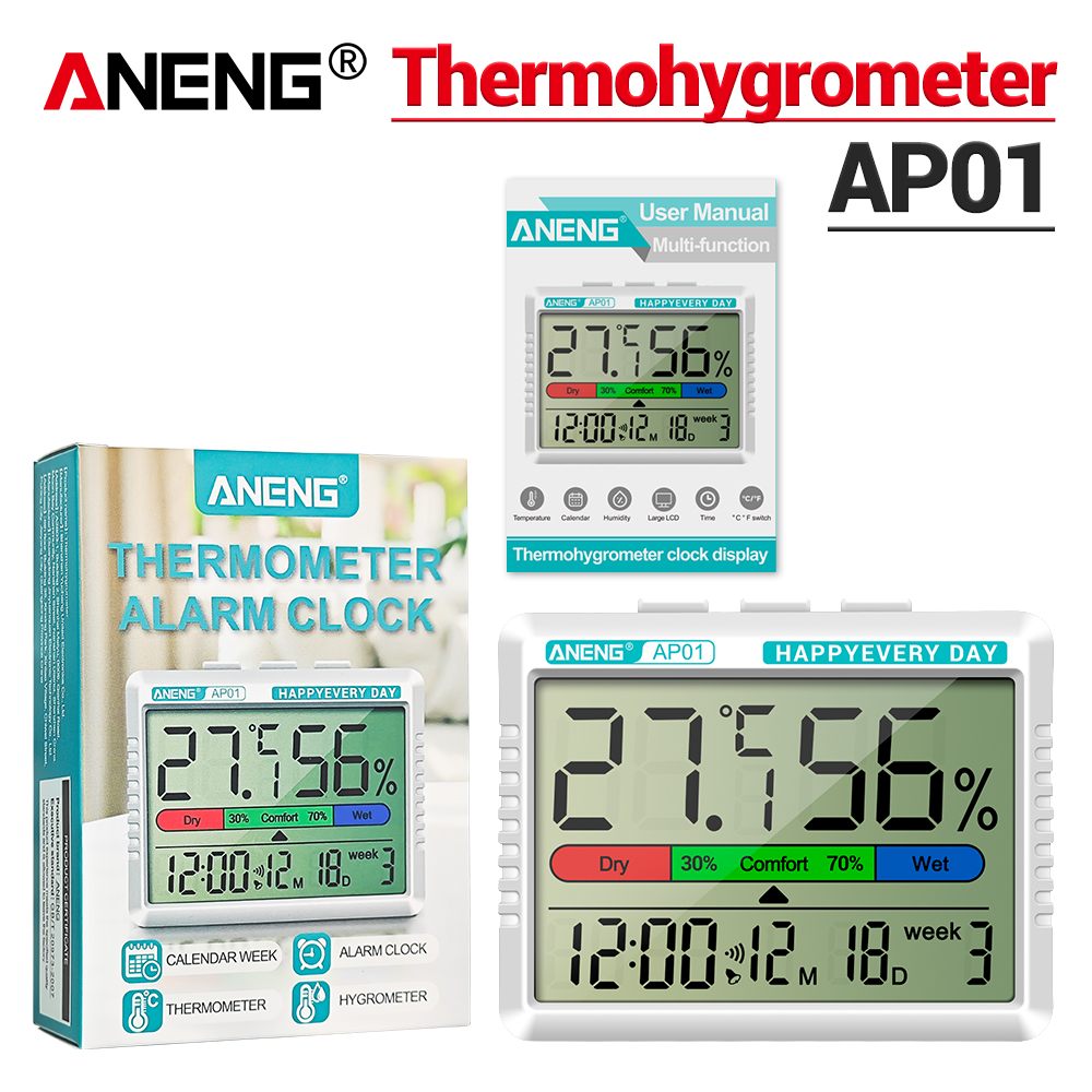 ANENG AP01 LCD Digital Thermometer Hygrometer Indoor Room Temperature Humidity Meter Alarm Clock Weather Station For Home: Mint