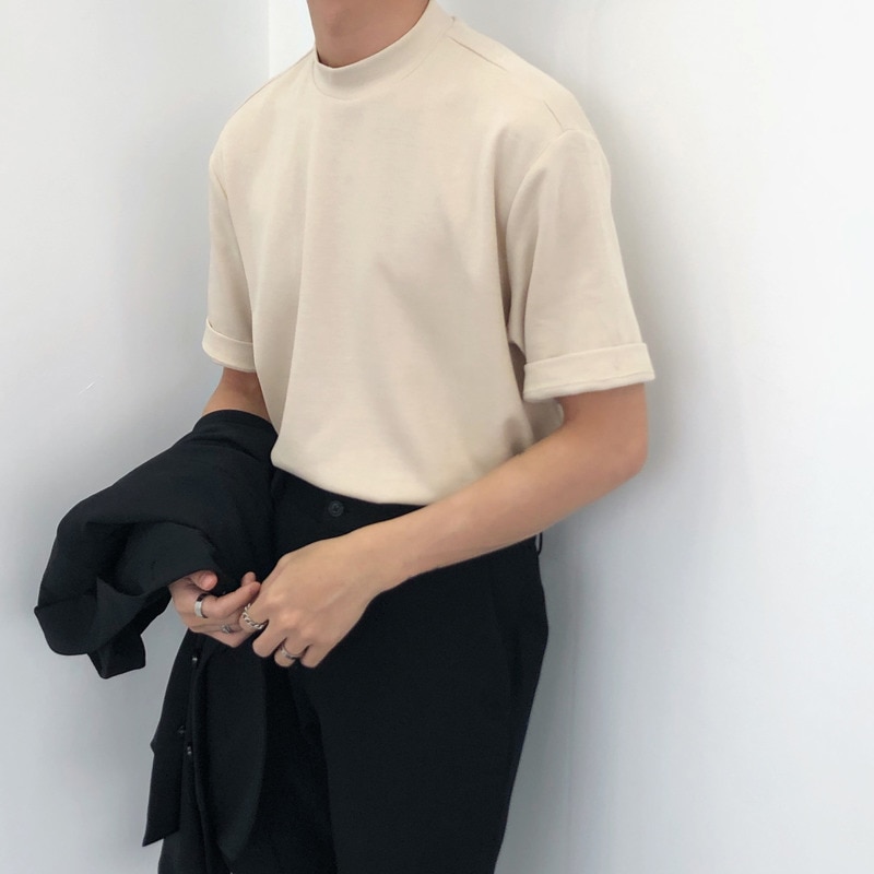 IEFB / men&#39;s wear 2022 summer Solid Color Turtleneck Short Sleeve Tee for men and women korean style casual tops 9Y969