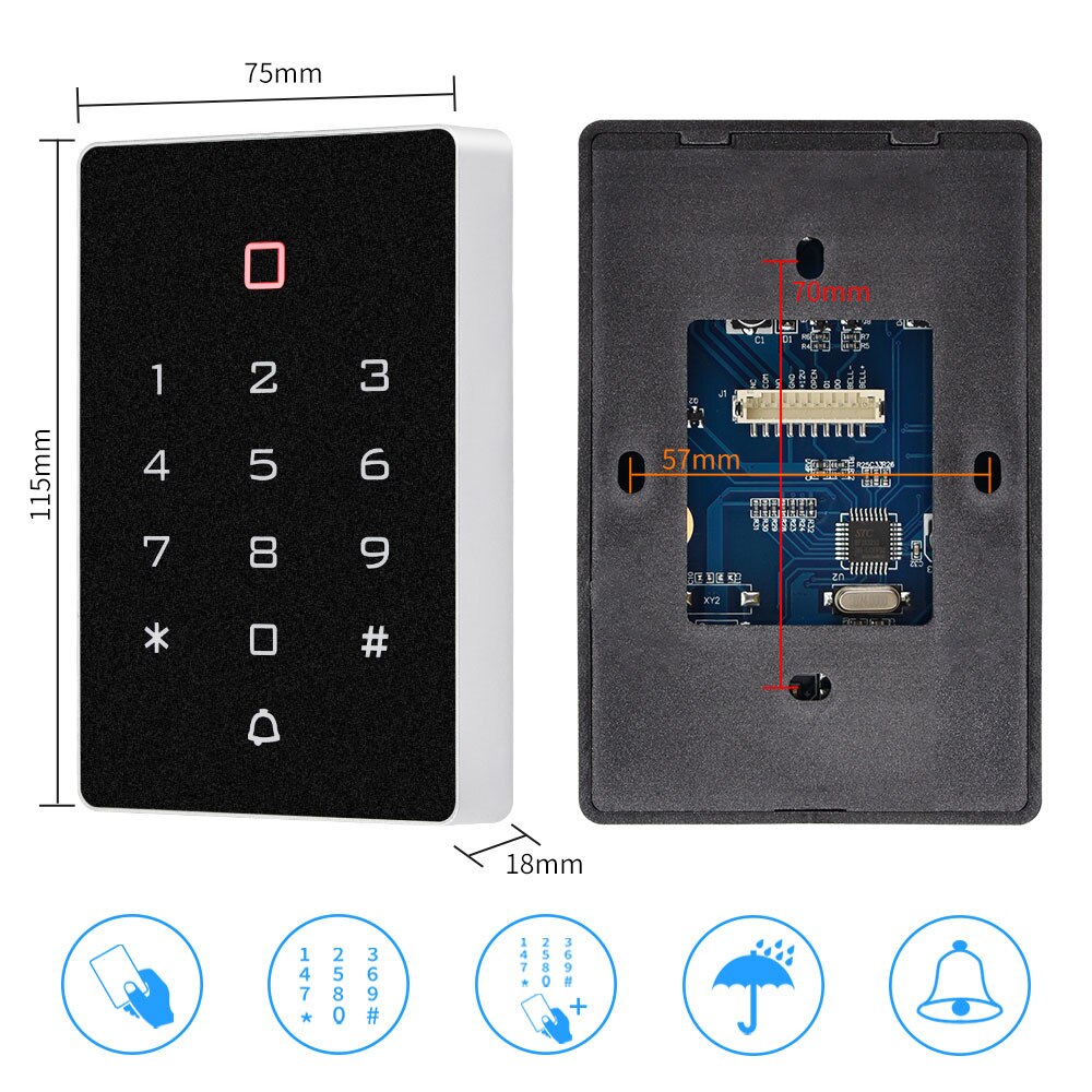 Smart rfid døradgang controller controller tastatur wiegand 26/34 bits kortlæser gateåbner med 125 khz nøgleringe vandtæt 2000 brugere