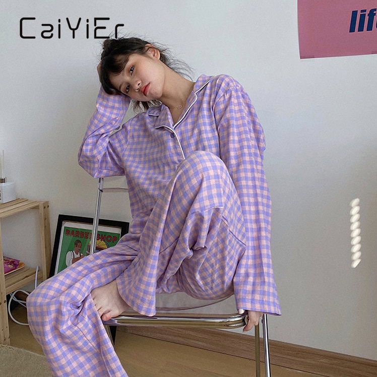 CAIYIER-Conjunto de pijama de rejilla verde para mujer, ropa de dormir holgada de estilo coreano, pantalón de cintura elástica, ropa de dormir para el hogar, primavera e invierno