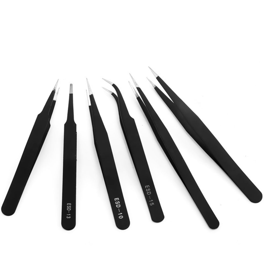 1.5 mm Anti-static Tweezers 6-piece Set Black Tweezers Yellow PVC Bag Acid Resistant Stainless Steel
