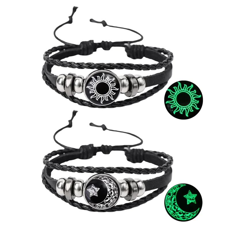 2 pçs luminosa casal amizade pulseira sol e lua ajustável romântico preto trançado pulseiras moda criativa jóias presentes: Ouro escuro