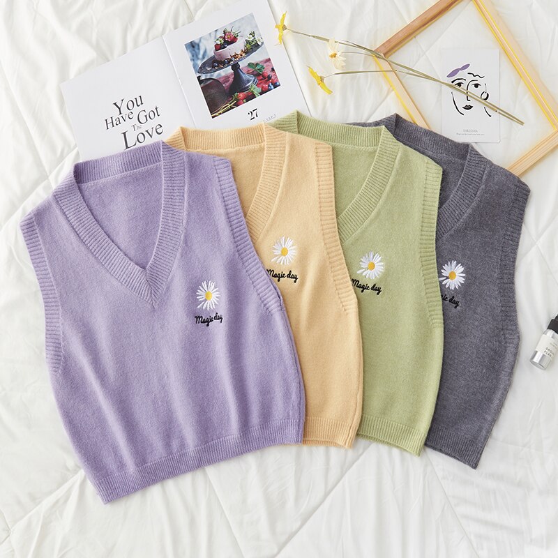 Jesienno-zimowa sweter kamizelka damska dekolt w serek dziergane litery z kwiatowym nadrukiem kamizelka damska bez rękawów luźne damskie kamizelki dzianinowe swetry