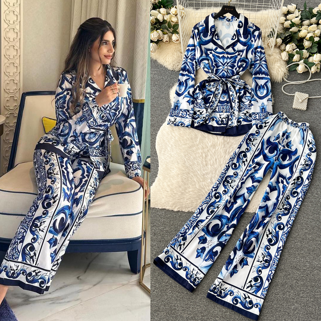 Pant Set Women Two Piece Sets Turn Down Collar Matching Sets Print Casual Loose Tops Wide Leg Long Pants Lace Up High Waist