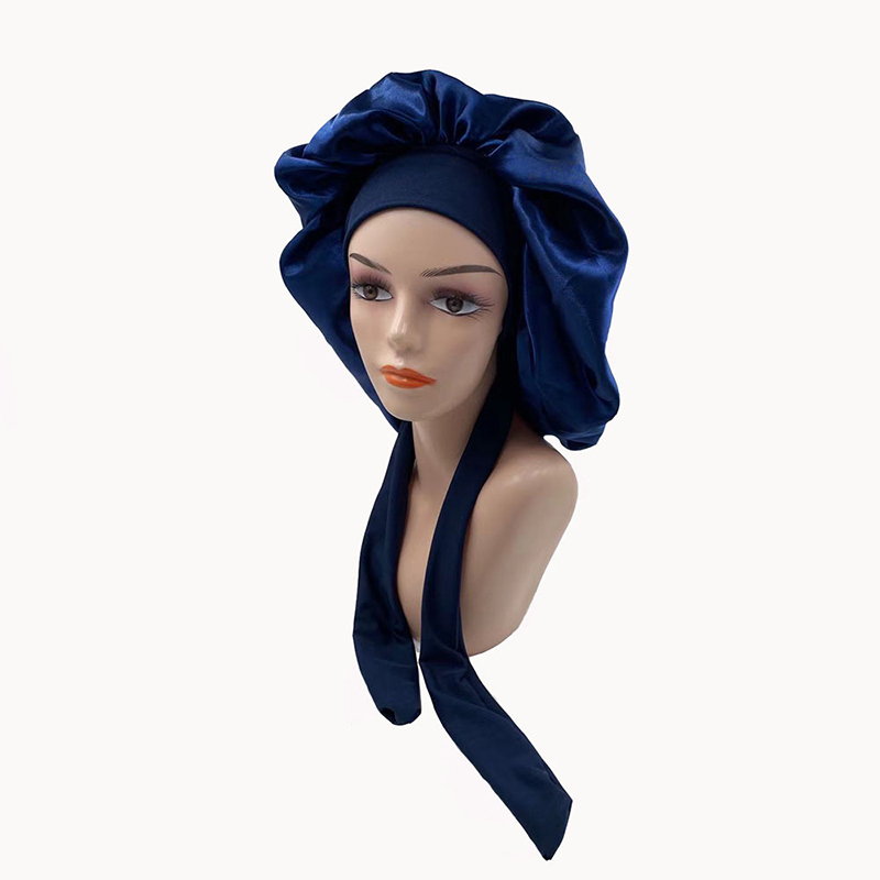 Women Night Sleep Cap Satin Solid Sleeping Hat Hair Care Bonnet Nightcap Unisex Head Cover Caps Shower Turban Wide Elastic Band: Navy