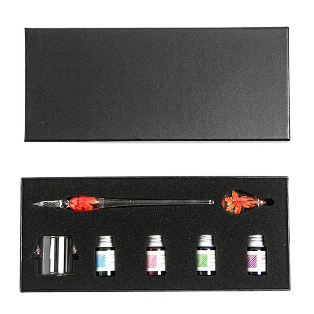 1 Set Glass Dip Pen with Ink Floral Glossy Fountain Pen Kit Smooth Writing Threaded Nib Crystal Ink Pen Set перо для письма 글라스펜: 7 Orange