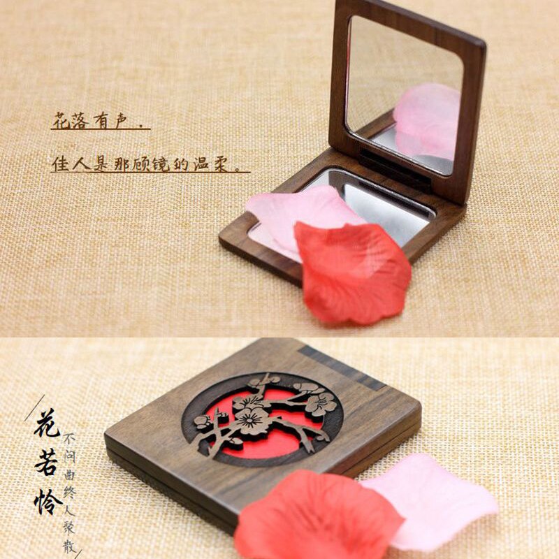 Carved Green Sandalwood Makeup Mirrors Folded Double-sided Wood Comestic Mirror Sandalwood Portable Small Pocket Mirror