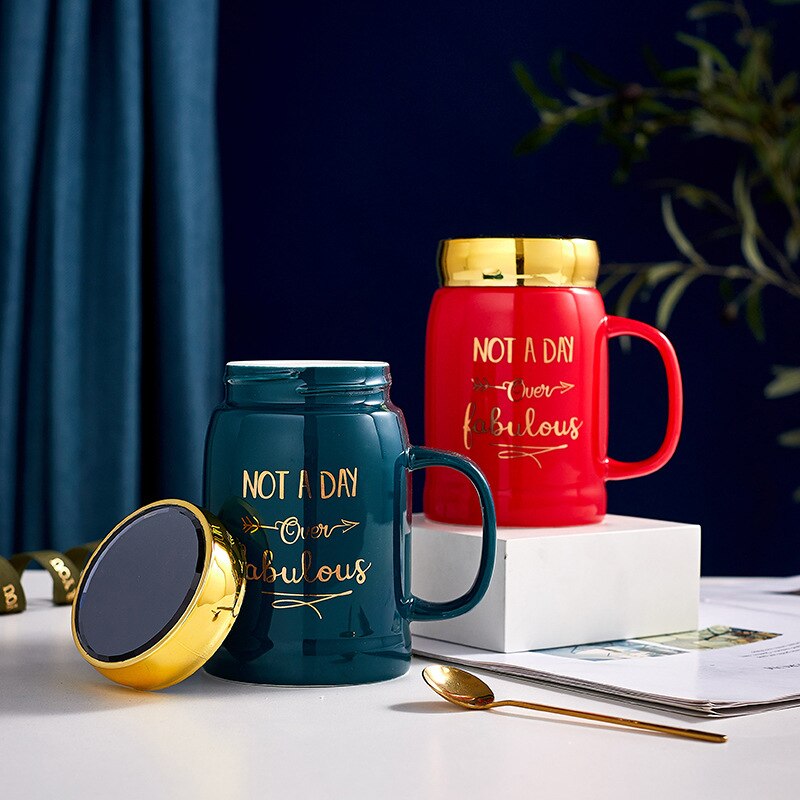 coffe cups with lid spoon Brief Mirror porcelain green red ceramic mug NOT A DAY Beer mug Office Home Couple lover