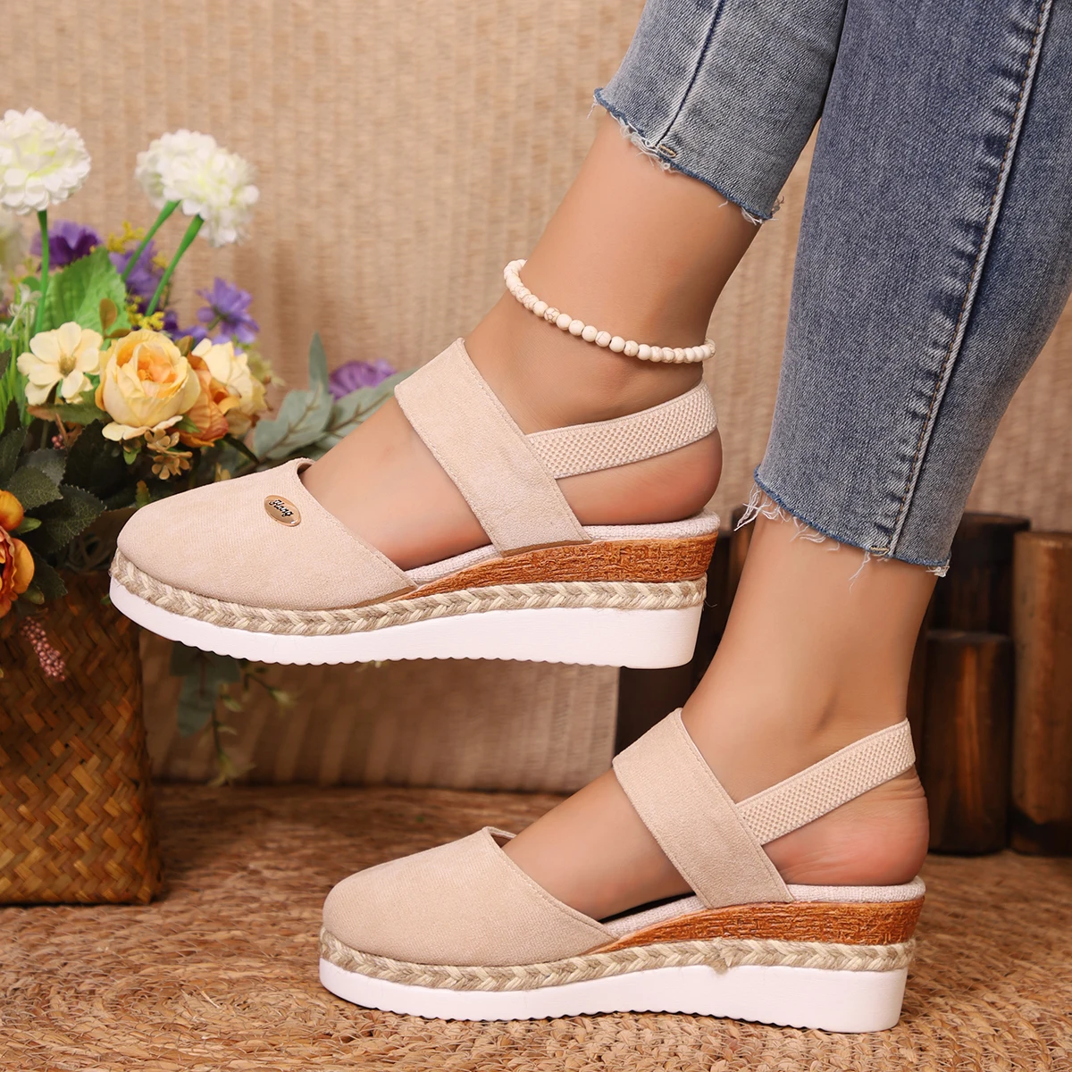 Sandales à l'offre elles compensées pour femmes, chaussures de gladiateur, Espadrilles à plateforme, Fermées, Été: Beige / 42
