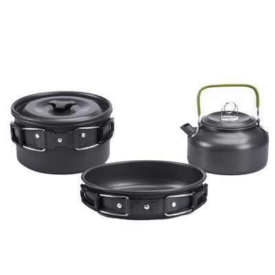 Falten Aluminium draussen Camping Kochgeschirr einstellen Tragbare Cookset Leichte Picknick Wasser Wasserkocher Topf Pfanne Schüssel Löffel Bausatz Mit Gittergewebe: 3Stck Schwarz