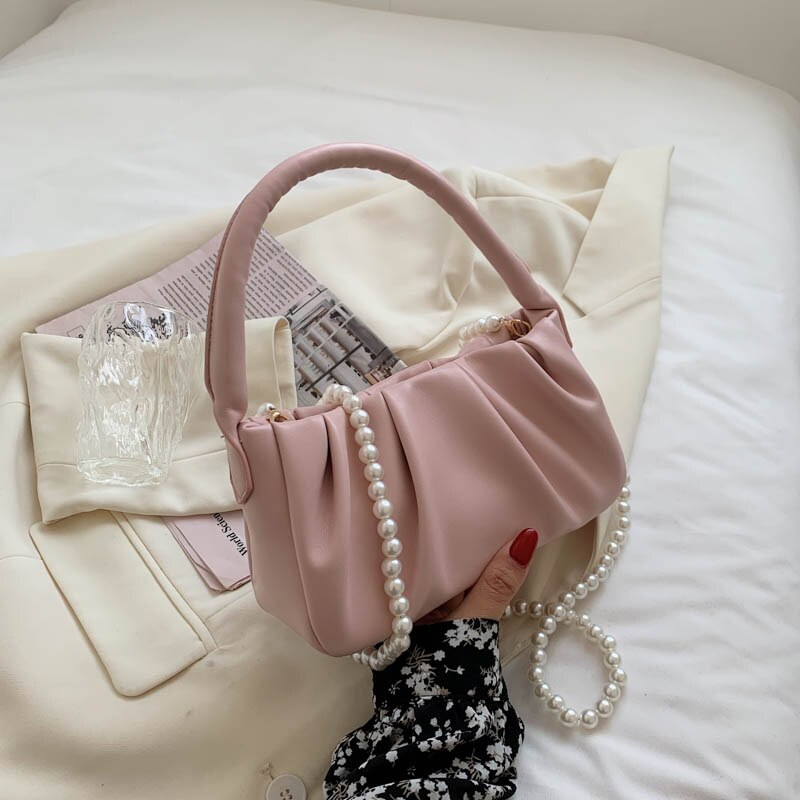 Soft Leather Crossbody Bags for Women Simple Ladies Brand Trend Beading Chain Shoulder Handbags and Purses Female Tote: Pink