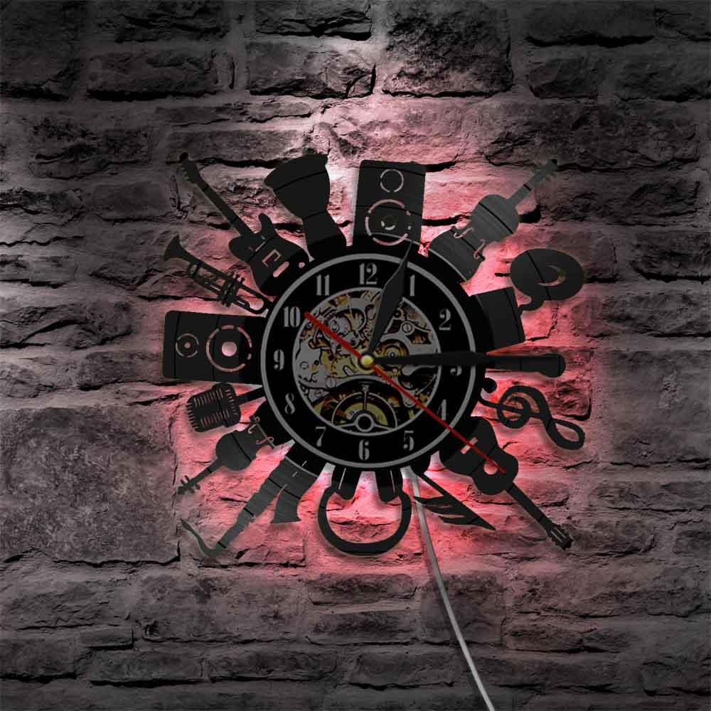 Acoustic Electric Guitar Wall Clock Punk Rock n Roll Heavy Metal Music Vinyl Record Wall Clock with LED Light Music Band