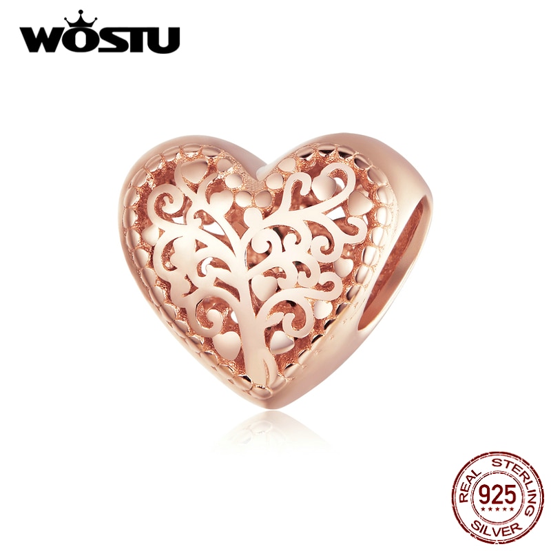 Wostu Opengewerkte Hart Rose Gold Charm 925 Sterling Silver Tree Of Life Bead Hanger Fit Originele Armband Necklacejewelry CTC215
