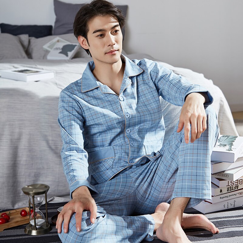 Autumn Men Pajamas 100% Cotton 2 Pieces Sleepwear ... – Grandado