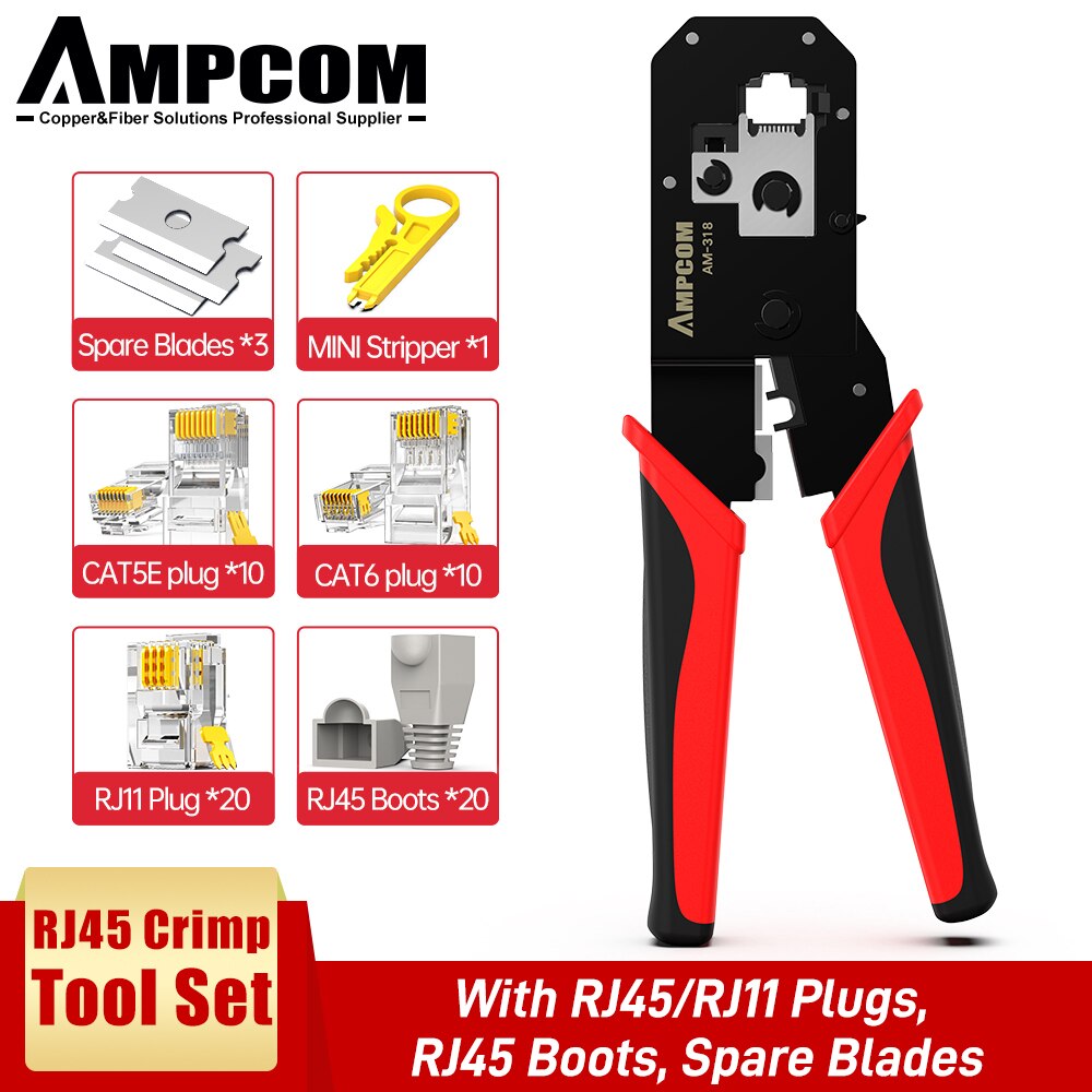 Ampcom RJ45 Krimptang, 8P/6P-RJ11, RJ12 Crimper Cutter Stripper Crimper Cutter Stripper Tang