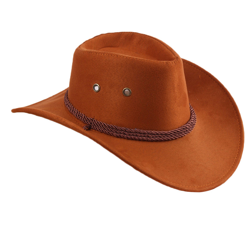 Vestlig cowboy cowgirl hat helt stil retro sort brun rød imiteret læder mænd kvinder ridning cap bred skygge 58cm: Lysebrun