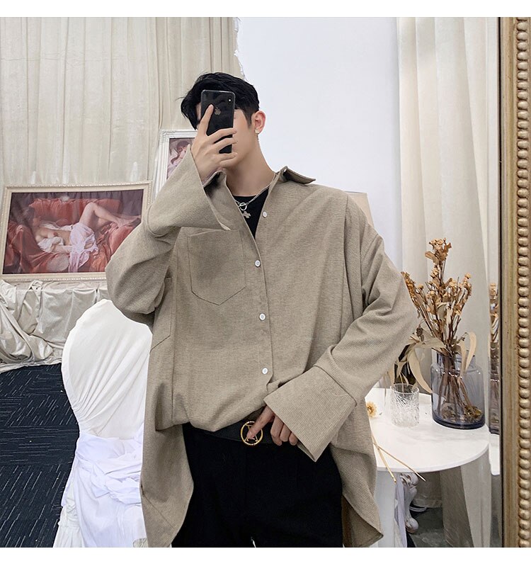 Camisa informal holgada de manga larga de murciélago de gran tamaño de cuadros Vintage para hombre, ropa de calle para mujer, camisas de vestir de Hip Hop: Caqui / L