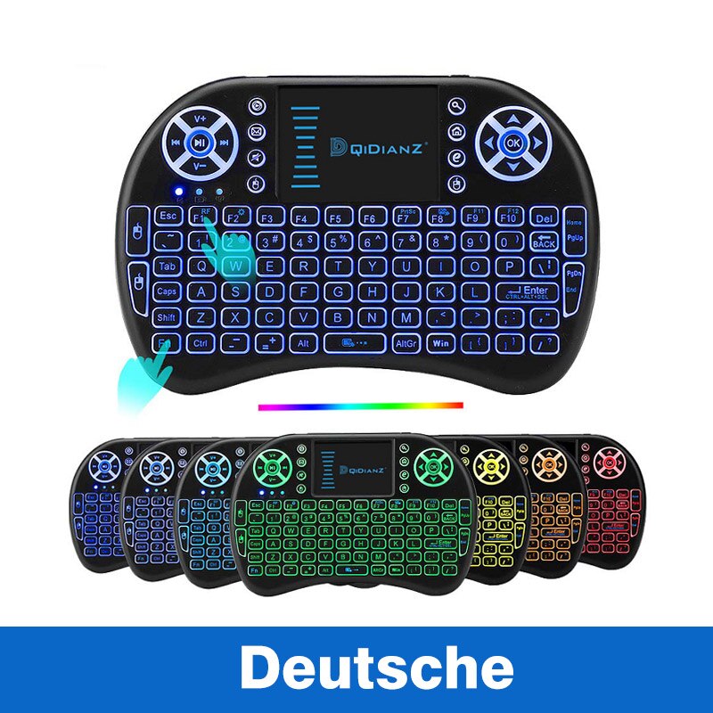 I8 baggrundsbelyst tastatur på 2.4 ghz understøtter flere sprog, der er egnede til mini-tv-set-top-bokse: Tysk